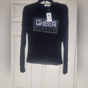 NWT Paolo Santini L Black Long Sleeve Cheer Rhinestones Women's Top Blouse